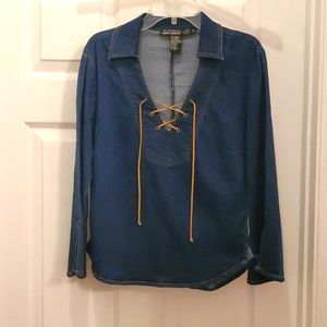 R Wear Rampage Clothing Co. Denim Vneck Leather Lace with Bell Sleeves